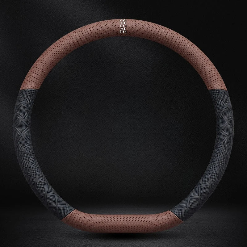 38cm Universal Leather Car Steering Wheel Cover Anti-Slip Breathable Steering Wheel Protector - Delicate Leather