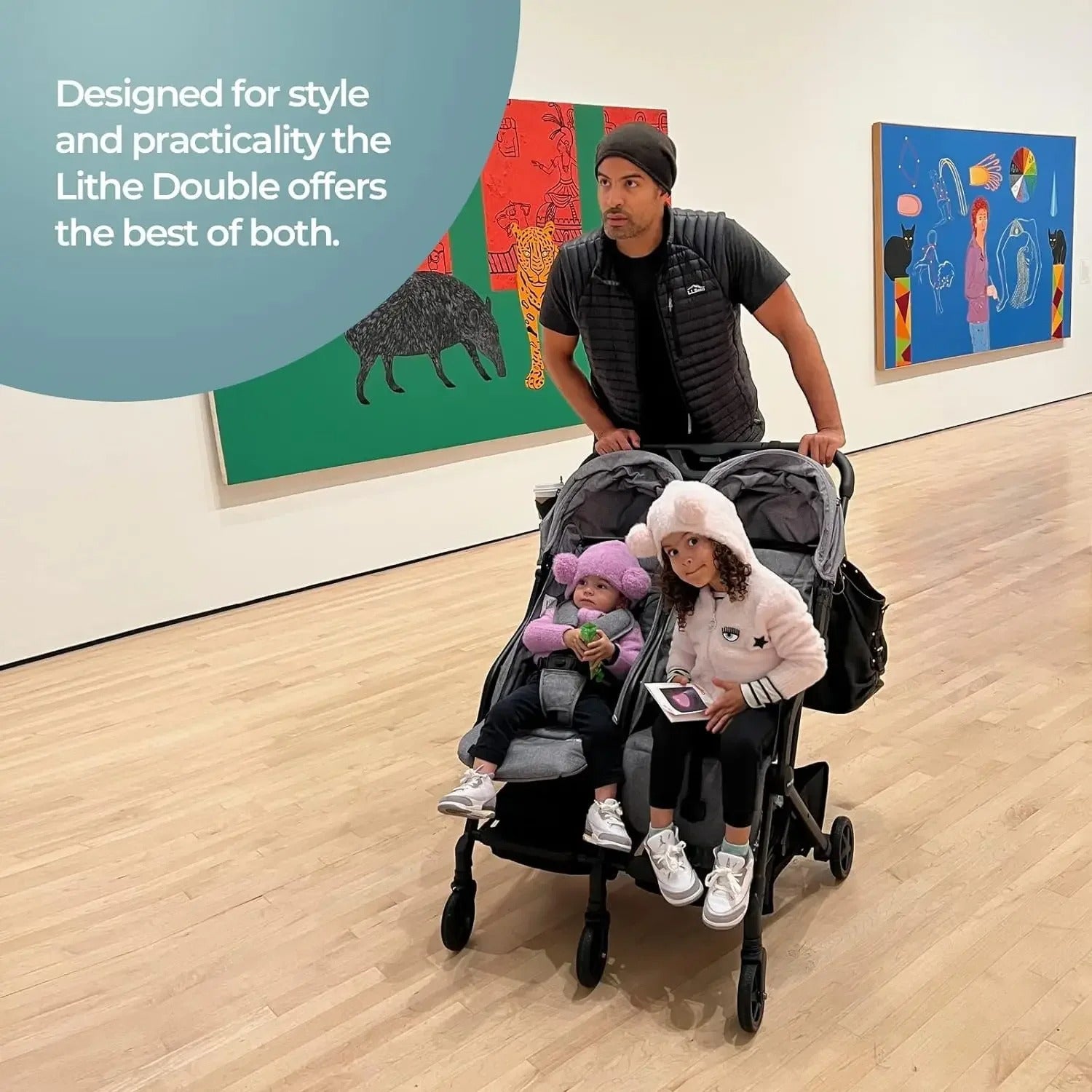 Double Ultralight Stroller – Lightweight Side-by-Side Twin Stroller with Adjustable Seats and Compact Fold - Delicate Leather