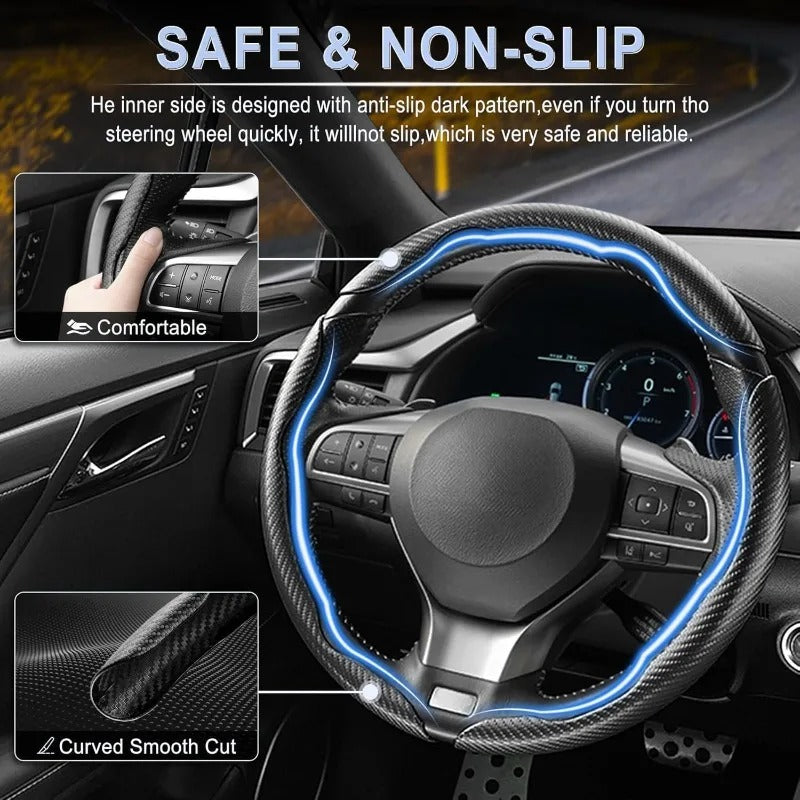 3PCS Carbon Fiber Texture Steering Wheel Cover Set – Anti-Slip Universal 38cm Fit - Delicate Leather