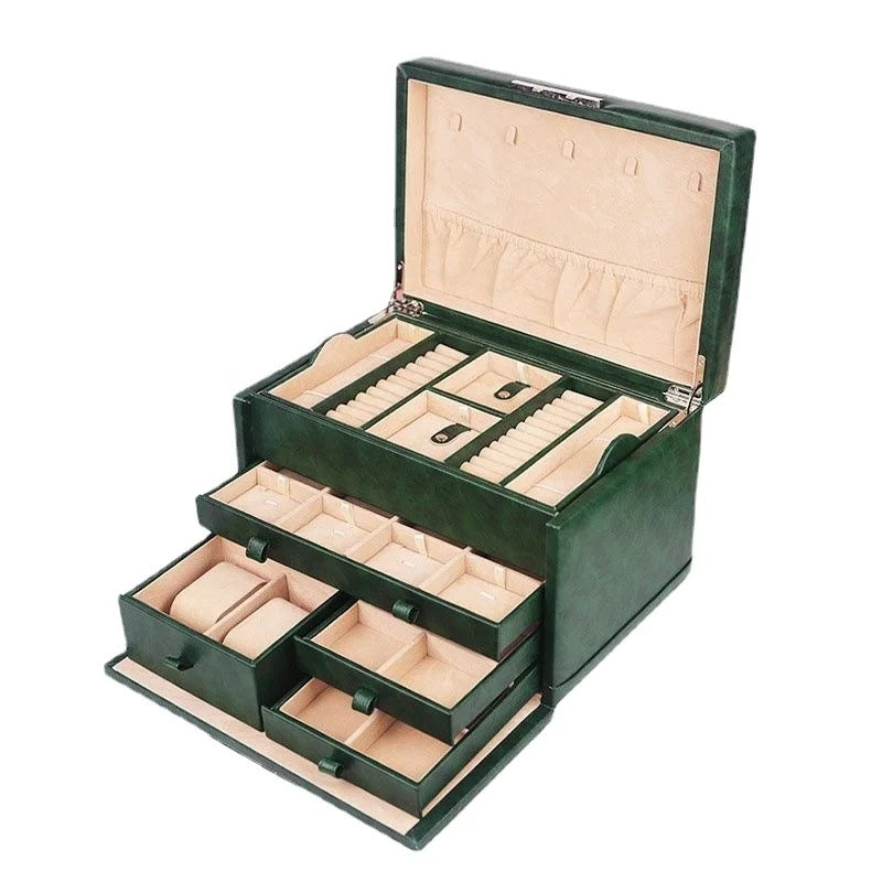 Green Leather Jewelry Storage Box Drawer Type Jewelry Organizer - Delicate Leather