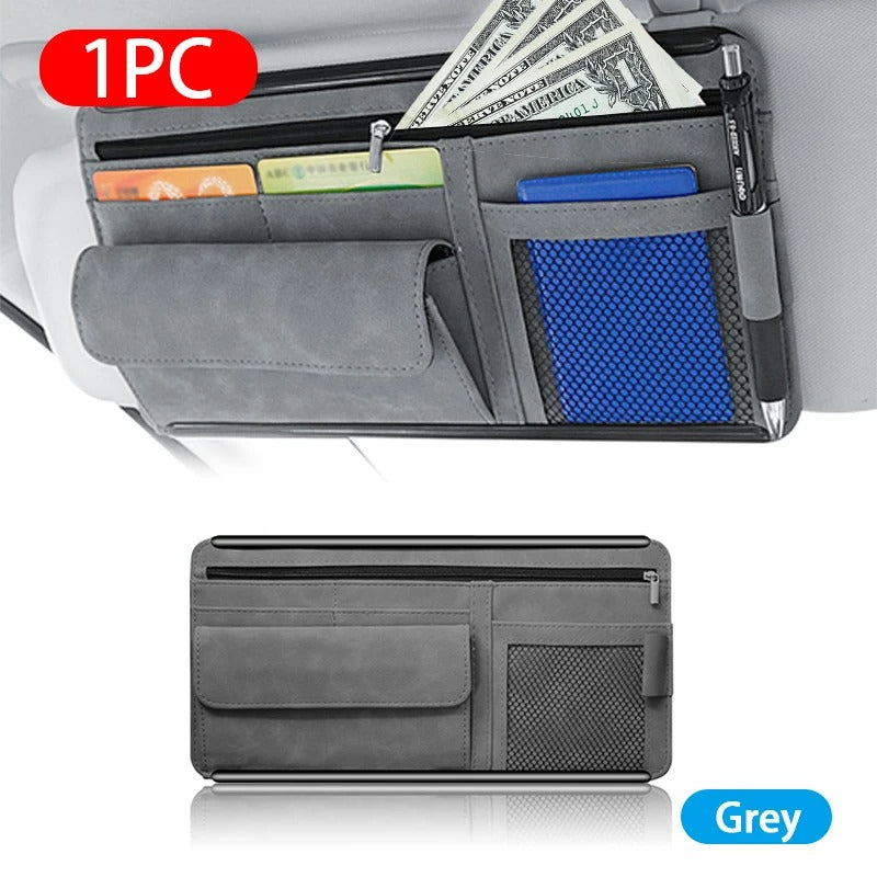Car Sun Visor Organizer - Textured Suede 2-Layer Storage Bag - Sunglasses Case, Card Holder, Auto Zipper Storage Pocket - Delicate Leather