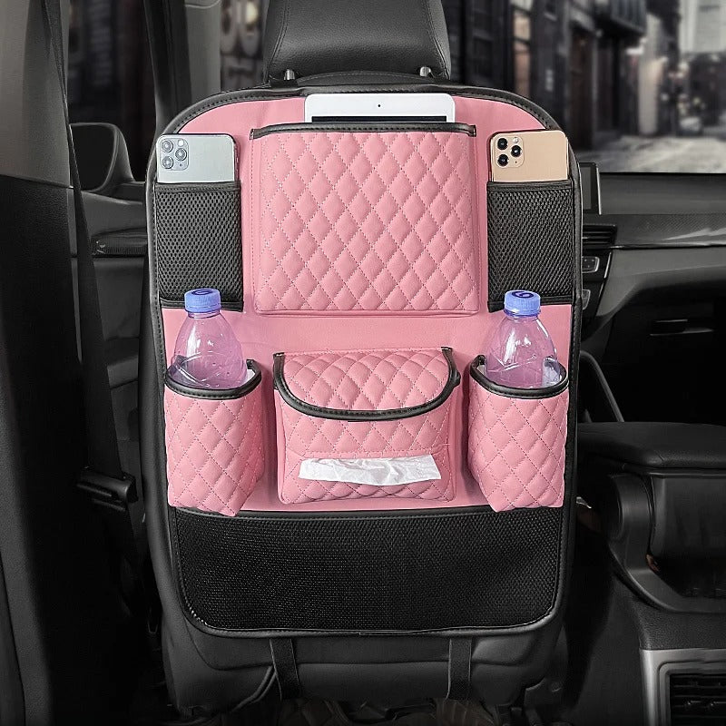 Pink Leather Car Backseat Storage Bag – Diamond-Style Tissue & Phone Holder, Gift For Mother's Day 2025 - Delicate Leather