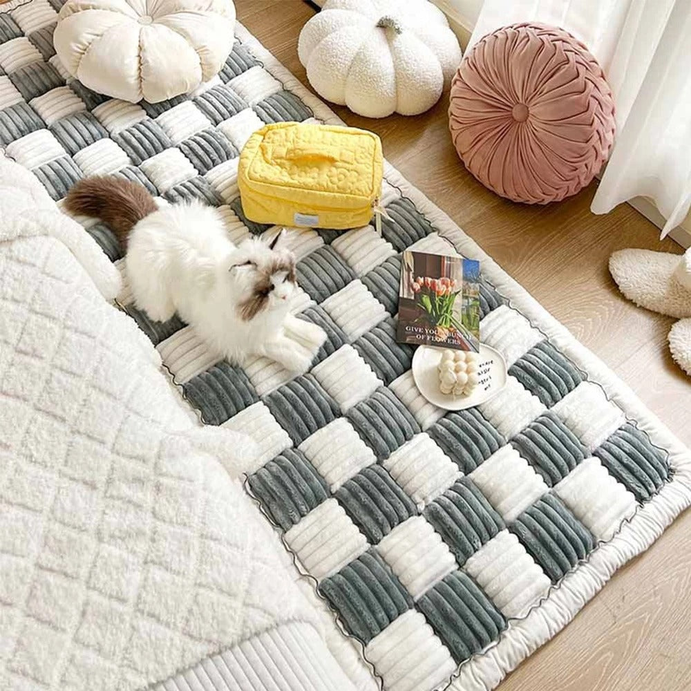 Washable Dog Bed Mat & Cat Scratchable Blanket - Anti-Slip Sofa Couch Protector for Large Dogs - Coral Fleece, Plaid