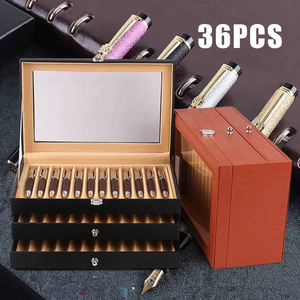 Fountain Pen Display Case 36 Slot Holder Leather Storage Collector Organizer Box - Delicate Leather