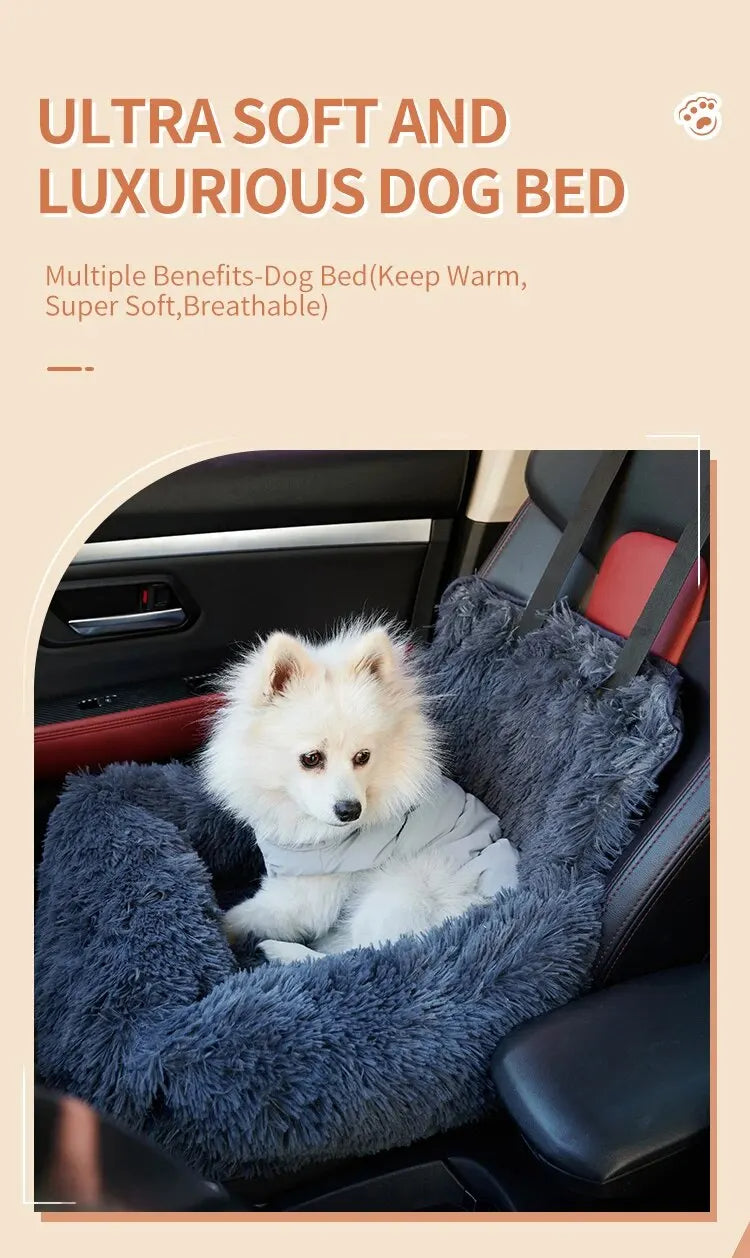 Pet Car Seat Dog Travel Multi-Functional Seat, Warm Plush Pet Booster Seat Travel Dog Car Bed with Storage Pocket and Clip-On Safety Leash Comfortable Dogs Car Seat - Delicate Leather