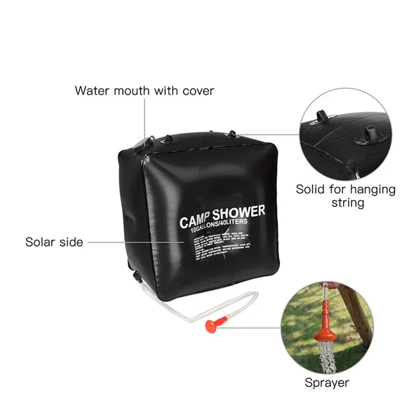 40L Solar Power Fast Heating Camping Shower Bag: Portable Water Storage Bag for Camping, Fishing, Hiking, and Bathing, Includes Shower Head for Convenient Outdoor Use - Delicate Leather