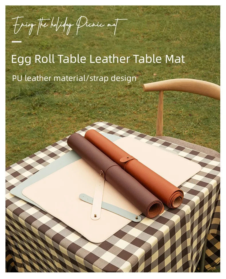 Table Mat Camping Wood Roll Table Mat PU Leather Thicken Waterproof Heat-Resistant Wooden Desk Pad For Outdoor Picnic BBQ - Delicate Leather