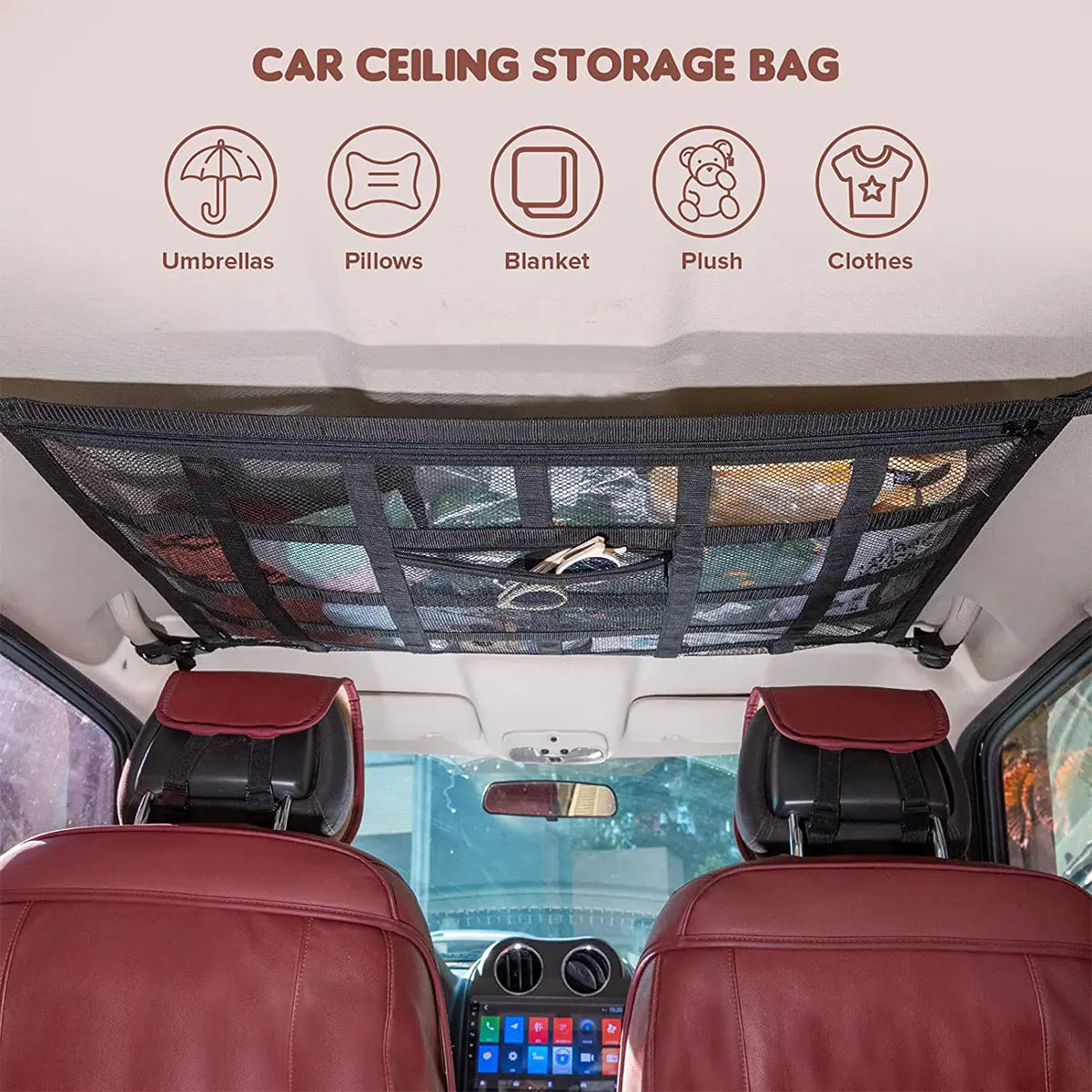 Car Ceiling Cargo Net and Net Pocket Kit, Car Roof Storage Organizer,Truck SUV Travel Long Road Trip Camping Interior Accessories - Delicate Leather
