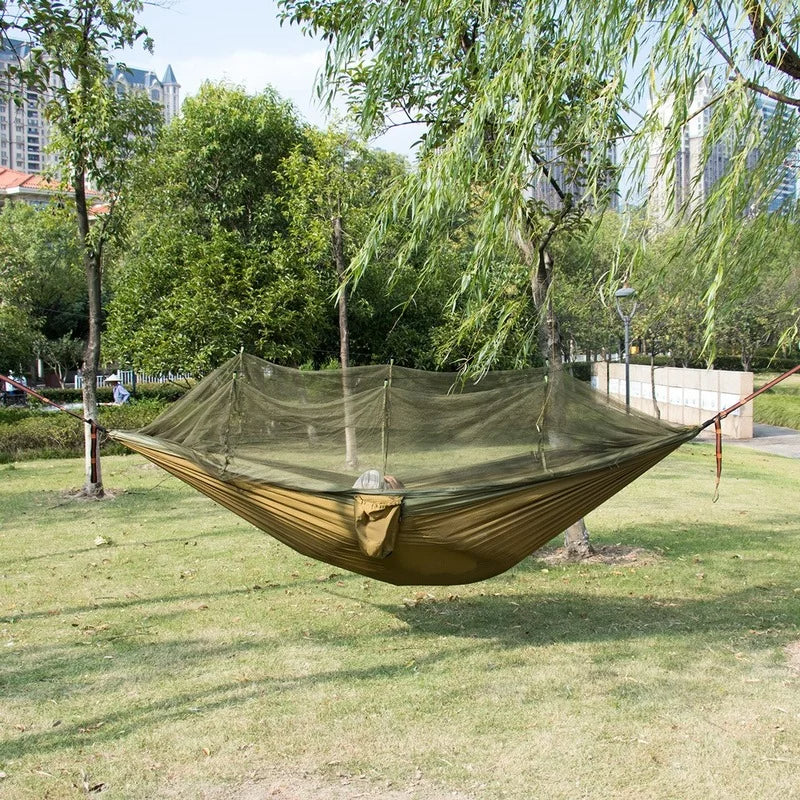 Double Mosquito Net Hammock: Plus Size Outdoor Anti-Mosquito Hammock with 300×200CM Umbrella Cloth, Nylon Anti-Rollover Design for Camping - Delicate Leather