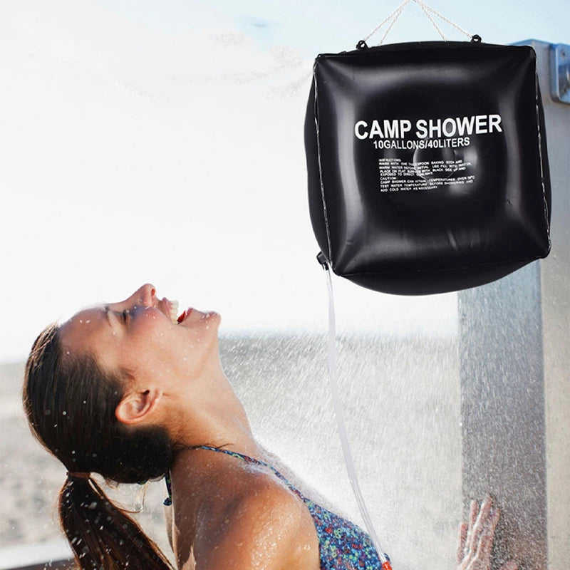 40L Solar Power Fast Heating Camping Shower Bag: Portable Water Storage Bag for Camping, Fishing, Hiking, and Bathing, Includes Shower Head for Convenient Outdoor Use - Delicate Leather
