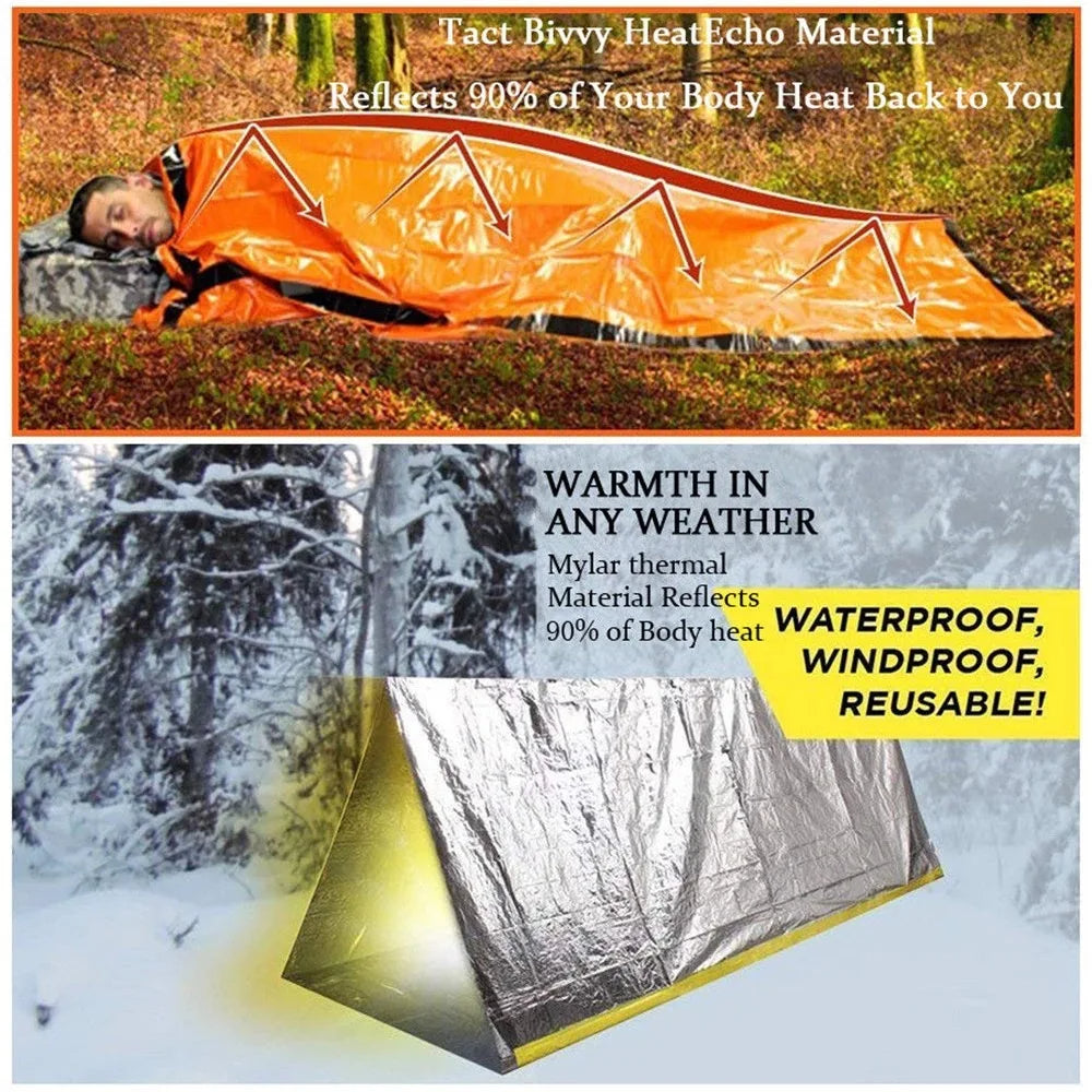 Portable Waterproof Emergency Survival Sleeping Bag: Essential Outdoor EDC Camping Gear, Thermal Sack First Aid Rescue Kit with Mylar Blanket - Delicate Leather