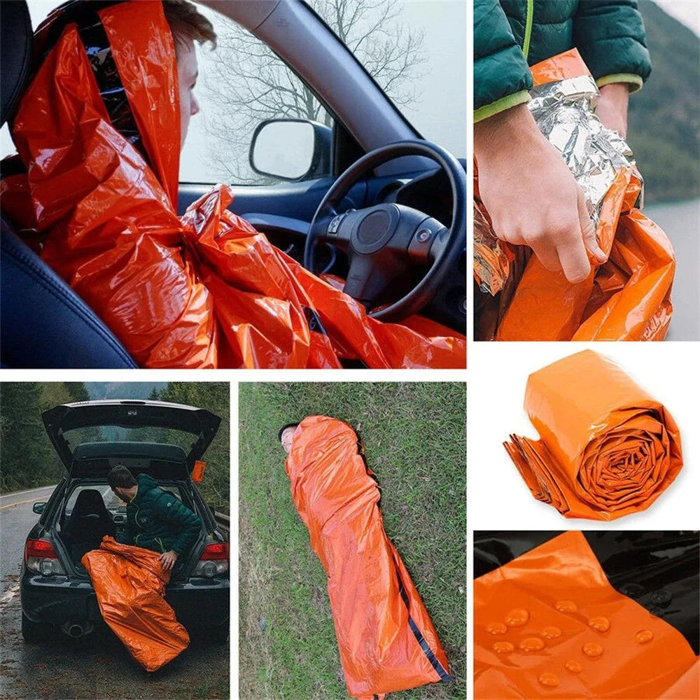 Portable Waterproof Emergency Survival Sleeping Bag: Essential Outdoor EDC Camping Gear, Thermal Sack First Aid Rescue Kit with Mylar Blanket - Delicate Leather