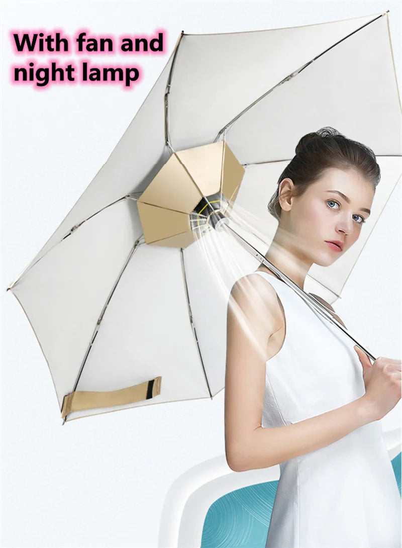 Manual Folding Umbrella with Fan & LED Lighting: Sunscreen UV-Proof Umbrella with USB Charging, Portable Cooling Mini Women Sunshade Umbrella for Outdoor Use - Delicate Leather