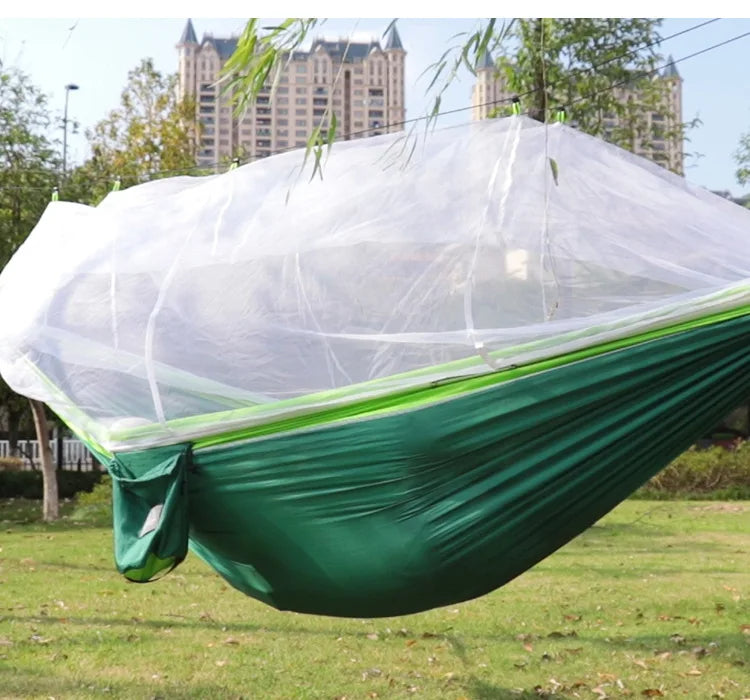 Double Mosquito Net Hammock: Plus Size Outdoor Anti-Mosquito Hammock with 300×200CM Umbrella Cloth, Nylon Anti-Rollover Design for Camping - Delicate Leather