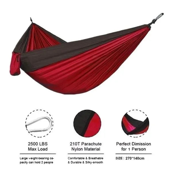 New Single Person Portable Outdoor Camping Hammock: High Strength Parachute Fabric Hanging Bed with Nylon Color Matching Hammock - Delicate Leather
