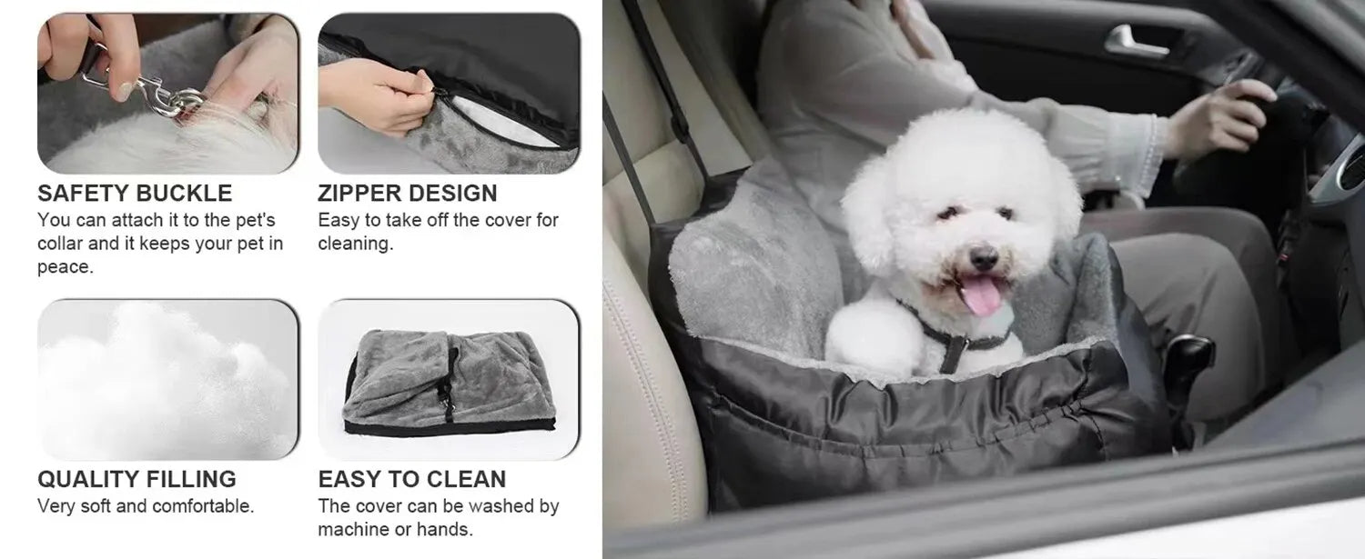 Dog Car Seat with Seat Belt Washable Dog Booster Seat for Small Dogs, Anti-Slip Travel Pet Car Bed for Front or Back Seat, Adjustable Safety Buckle, with Convenient Storage Pockets - Delicate Leather