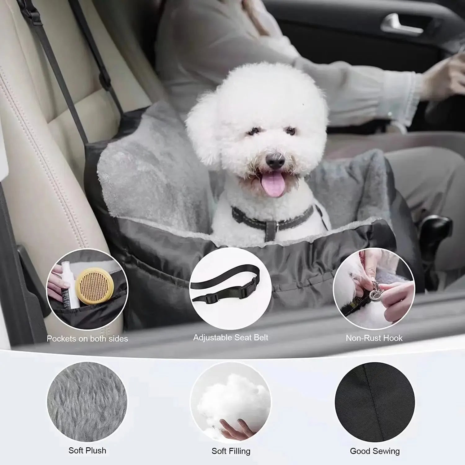 Dog Car Seat with Seat Belt Washable Dog Booster Seat for Small Dogs, Anti-Slip Travel Pet Car Bed for Front or Back Seat, Adjustable Safety Buckle, with Convenient Storage Pockets - Delicate Leather