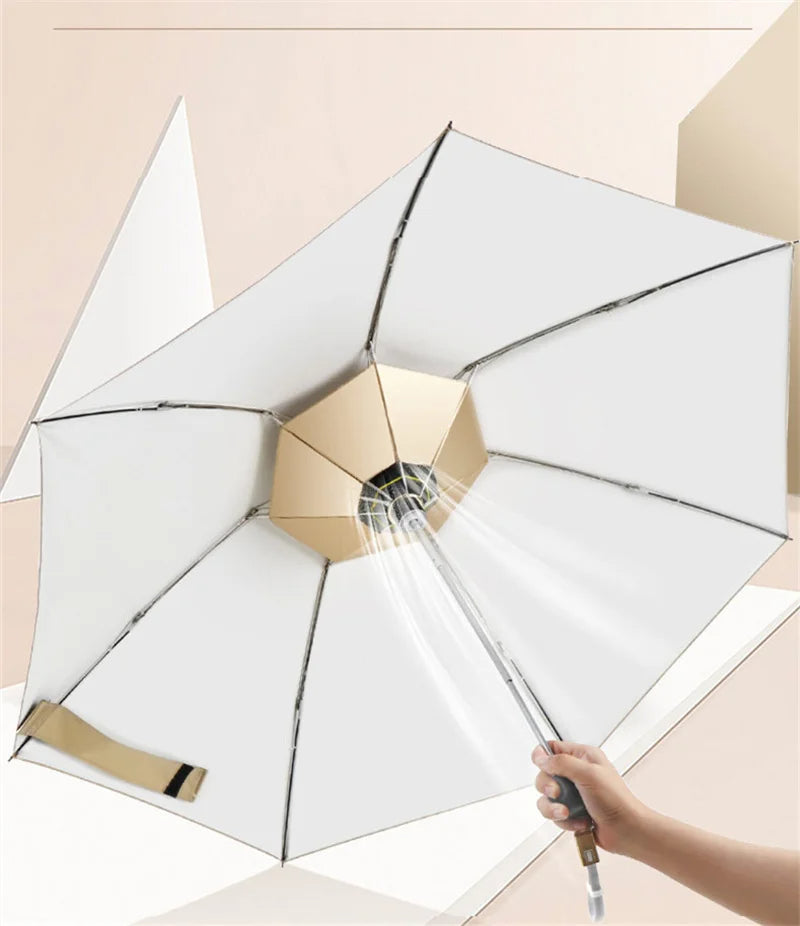 Manual Folding Umbrella with Fan & LED Lighting: Sunscreen UV-Proof Umbrella with USB Charging, Portable Cooling Mini Women Sunshade Umbrella for Outdoor Use - Delicate Leather