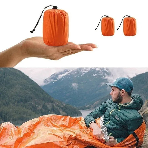 Portable Waterproof Emergency Survival Sleeping Bag: Essential Outdoor EDC Camping Gear, Thermal Sack First Aid Rescue Kit with Mylar Blanket - Delicate Leather