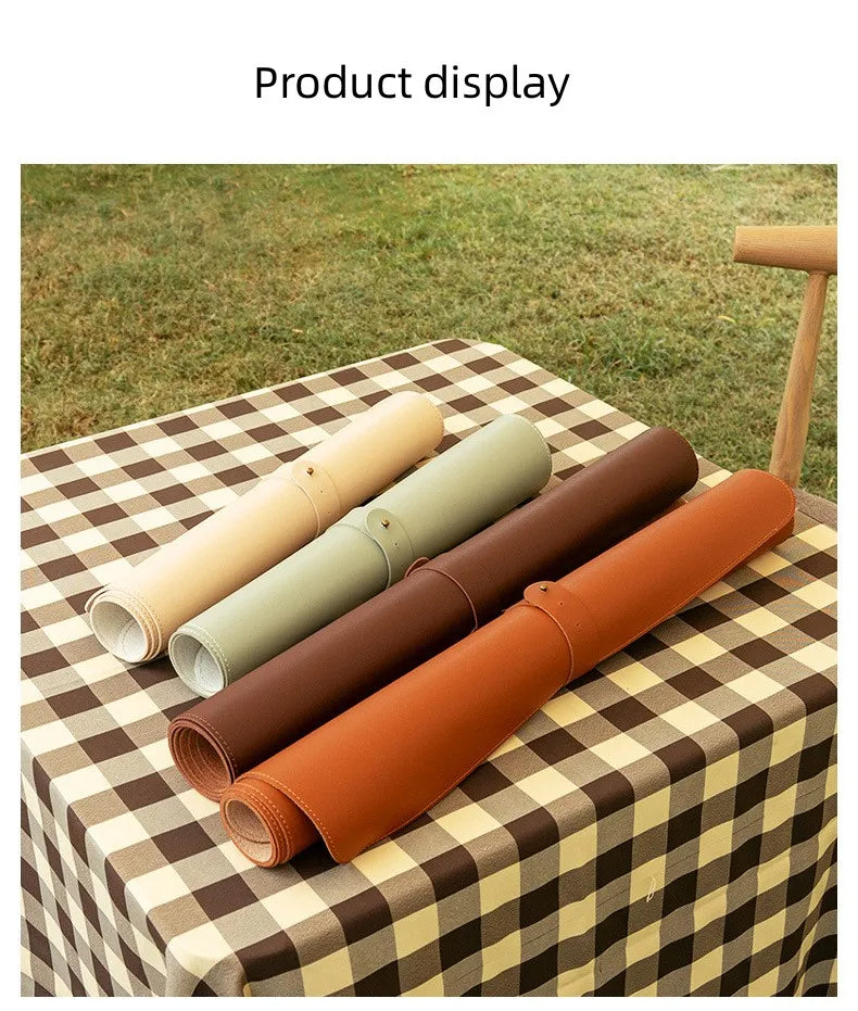 Table Mat Camping Wood Roll Table Mat PU Leather Thicken Waterproof Heat-Resistant Wooden Desk Pad For Outdoor Picnic BBQ - Delicate Leather