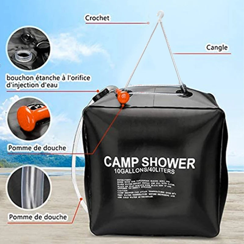 40L Solar Power Fast Heating Camping Shower Bag: Portable Water Storage Bag for Camping, Fishing, Hiking, and Bathing, Includes Shower Head for Convenient Outdoor Use - Delicate Leather