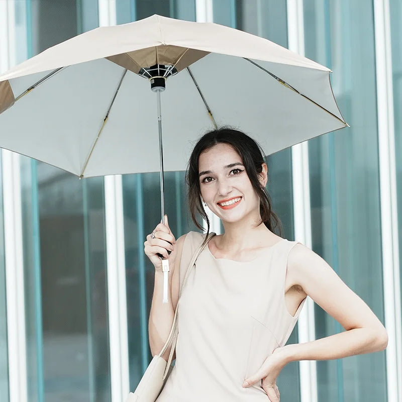 Manual Folding Umbrella with Fan & LED Lighting: Sunscreen UV-Proof Umbrella with USB Charging, Portable Cooling Mini Women Sunshade Umbrella for Outdoor Use - Delicate Leather