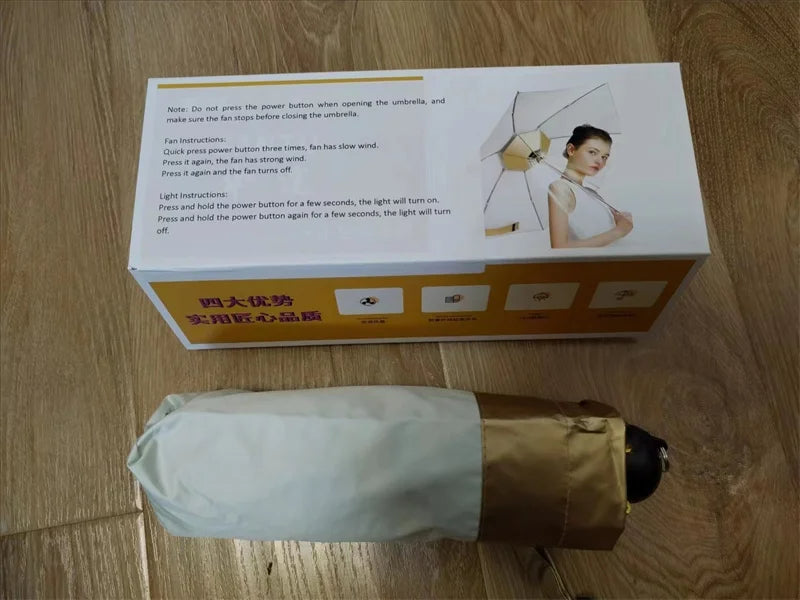 Manual Folding Umbrella with Fan & LED Lighting: Sunscreen UV-Proof Umbrella with USB Charging, Portable Cooling Mini Women Sunshade Umbrella for Outdoor Use - Delicate Leather