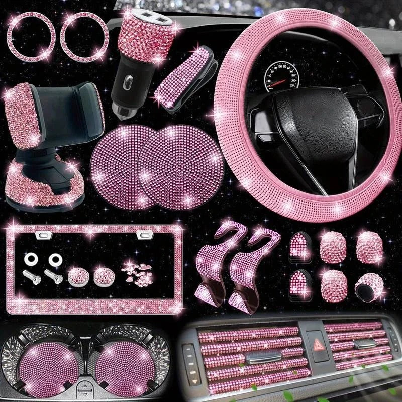 27-Piece Women’s Bling Car Accessories Set – Universal Fit with Steering Wheel Cover, License Plate Frame, Gift For Mother's Day 2025
