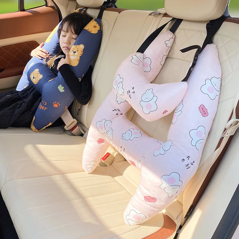 Kids Travel Pillows for Car - Cute Cartoon H-Shaped Car Neck Support - Ergonomic Children Car Sleep Cushion for Train - Delicate Leather