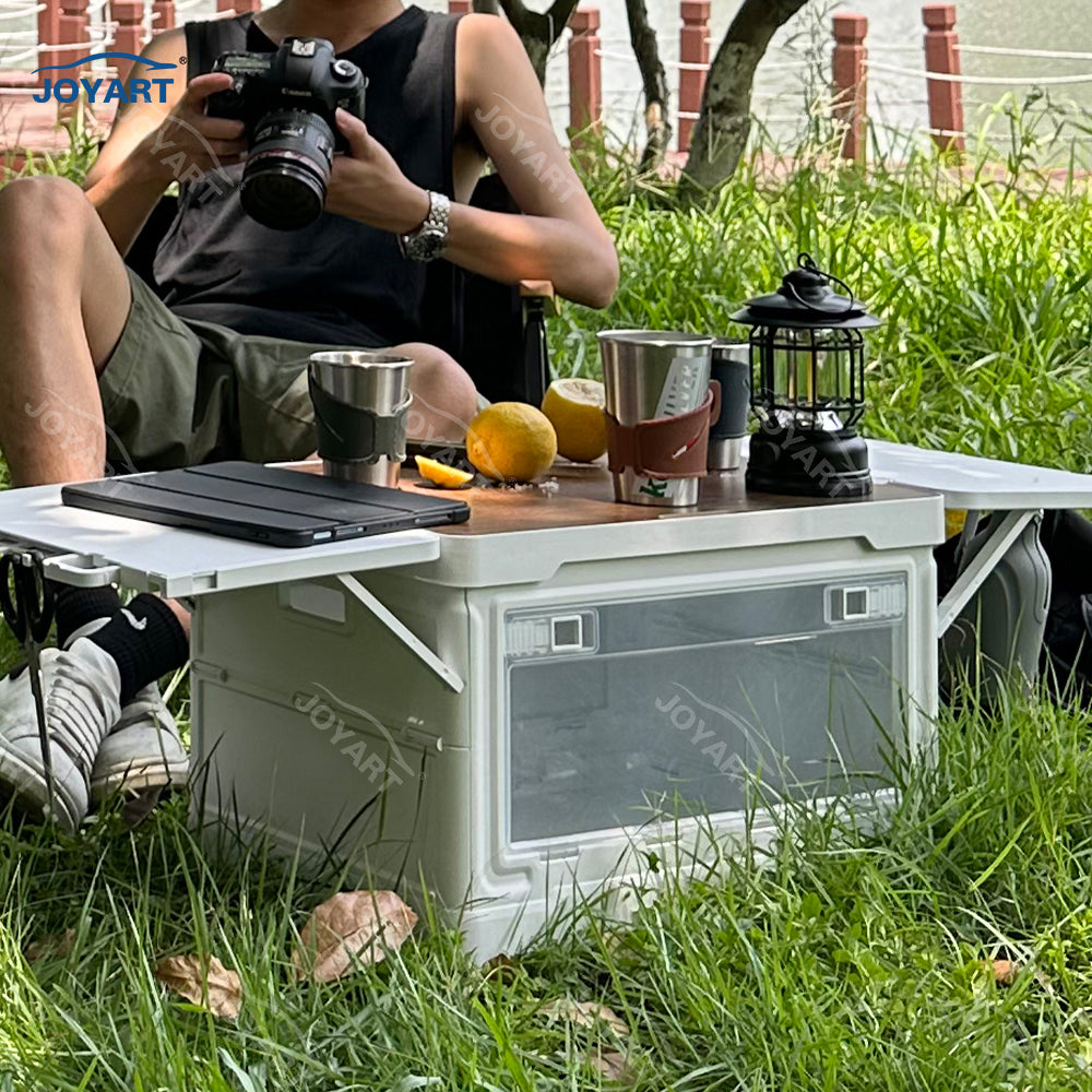 Collapsible Foldable Storage Box with Lid 2-in-1 Portable Expandable Plastic Organizer Box with Folding Table - Delicate Leather