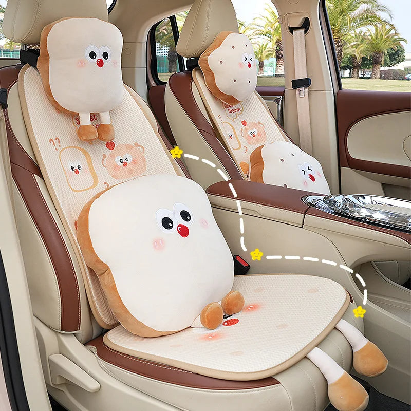 Car Plush Seat Lumbar Cushion - Cute Cartoon Toast Bread Style - Delicate Leather