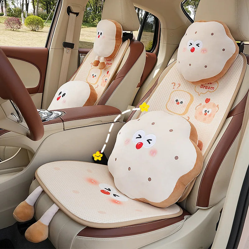 Car Plush Seat Lumbar Cushion - Cute Cartoon Toast Bread Style - Delicate Leather
