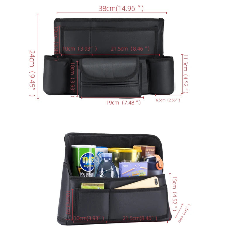 Car Seat Middle Hanger Storage Bag – Leather Handbag Holder, Large Capacity Pockets for Phone, Tissue, Water Cup & More - Delicate Leather