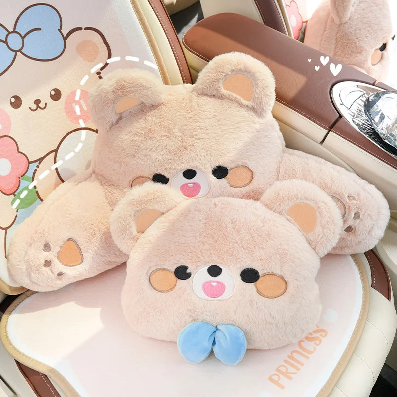 Cartoon Bear Car Seat Headrest Waist Pillow - Cute Travel Universal Neck Pillow - Car Interior Accessories Neck Support Cushion - Delicate Leather