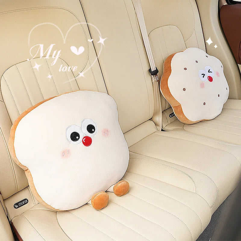 Car Plush Seat Lumbar Cushion - Cute Cartoon Toast Bread Style - Delicate Leather