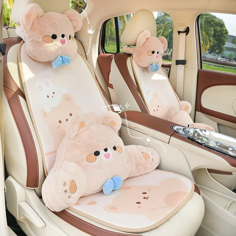 Cartoon Bear Car Seat Headrest Waist Pillow - Cute Travel Universal Neck Pillow - Car Interior Accessories Neck Support Cushion - Delicate Leather
