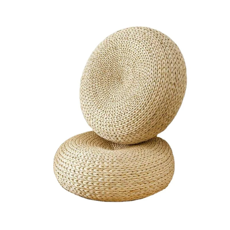 Natural Water Hyacinth Woven Ottoman - Handcrafted Tatami Floor Cushion for Living Room Decoration - Delicate Leather