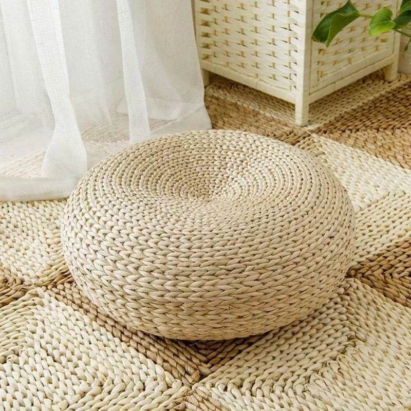Natural Water Hyacinth Woven Ottoman - Handcrafted Tatami Floor Cushion for Living Room Decoration - Delicate Leather