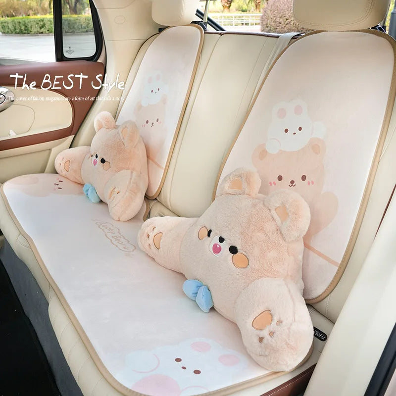 Cartoon Bear Car Seat Headrest Waist Pillow - Cute Travel Universal Neck Pillow - Car Interior Accessories Neck Support Cushion - Delicate Leather