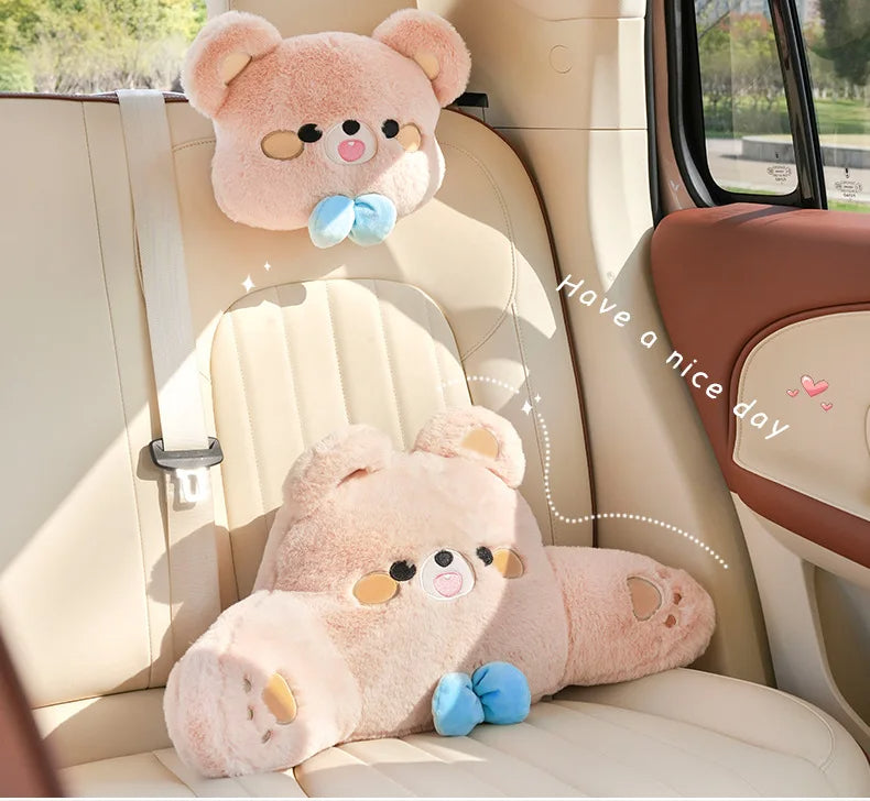 Cartoon Bear Car Seat Headrest Waist Pillow - Cute Travel Universal Neck Pillow - Car Interior Accessories Neck Support Cushion - Delicate Leather