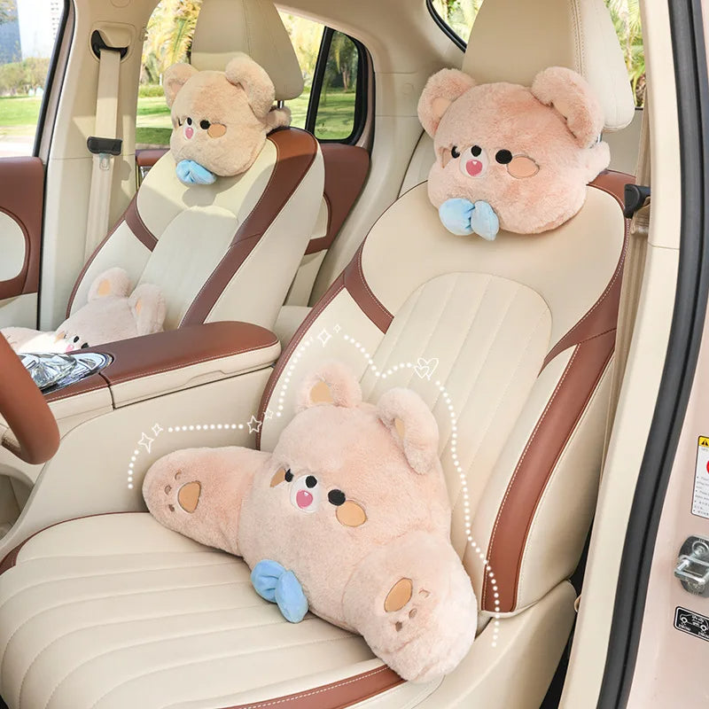Cartoon Bear Car Seat Headrest Waist Pillow - Cute Travel Universal Neck Pillow - Car Interior Accessories Neck Support Cushion - Delicate Leather
