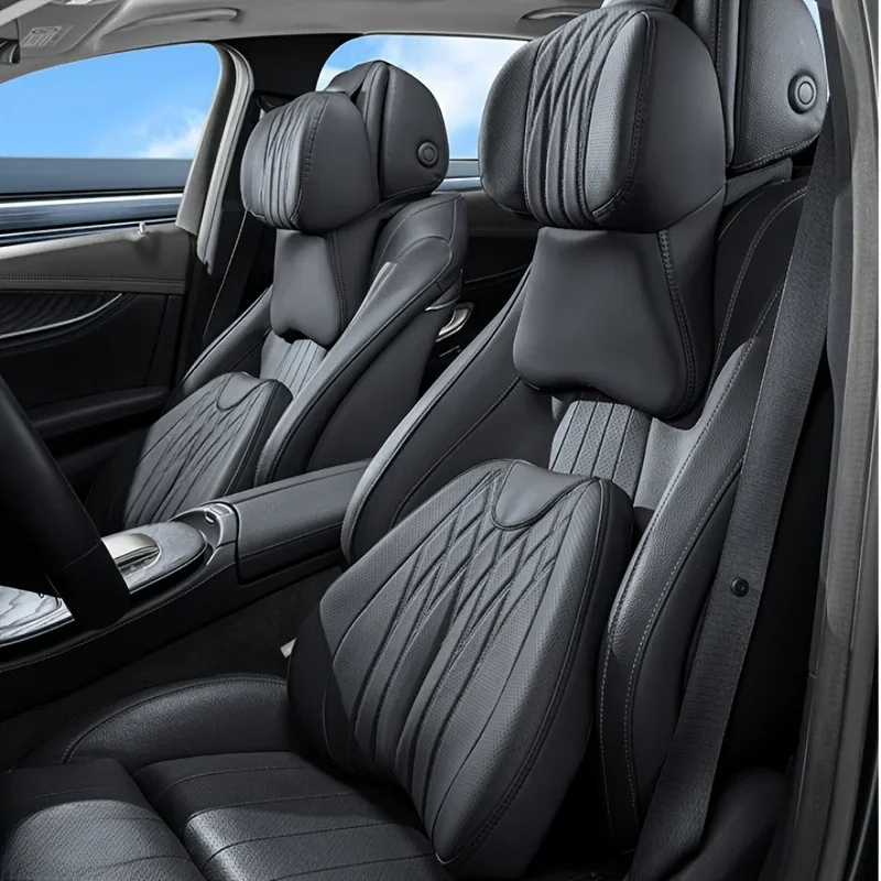 Car Lumbar Support Cushion & Headrest Neck Pillow – Memory Foam, Universal Fit for Cars, Soft and Comfortable - Delicate Leather