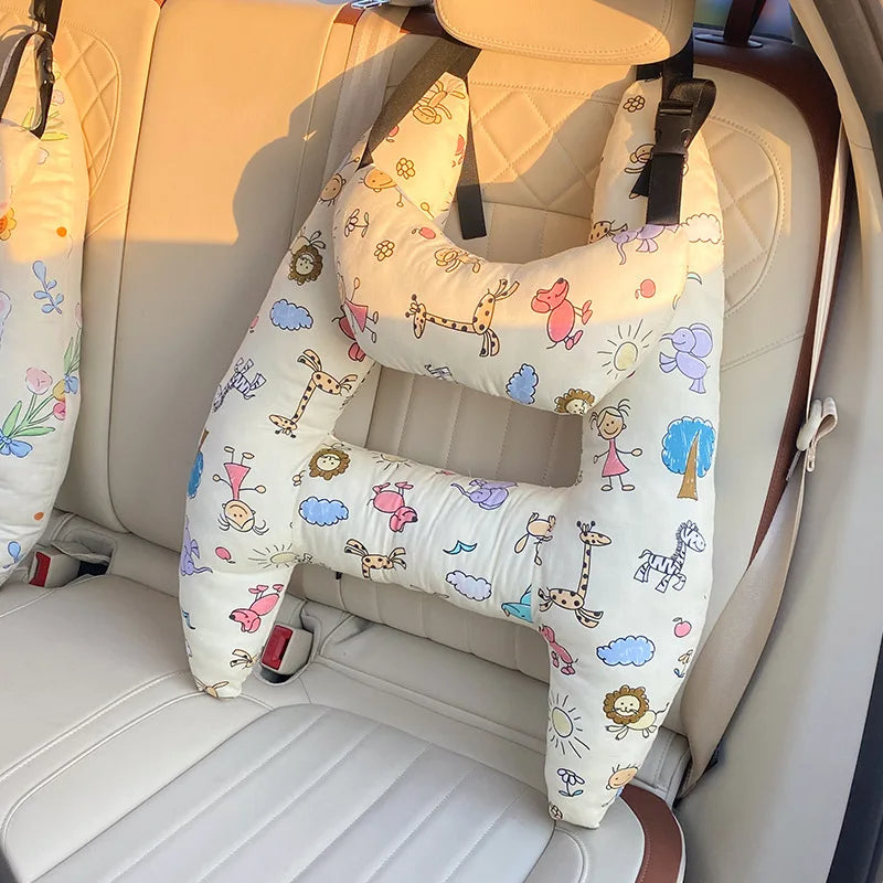 Kids Travel Pillows for Car - Cute Cartoon H-Shaped Car Neck Support - Ergonomic Children Car Sleep Cushion for Train - Delicate Leather