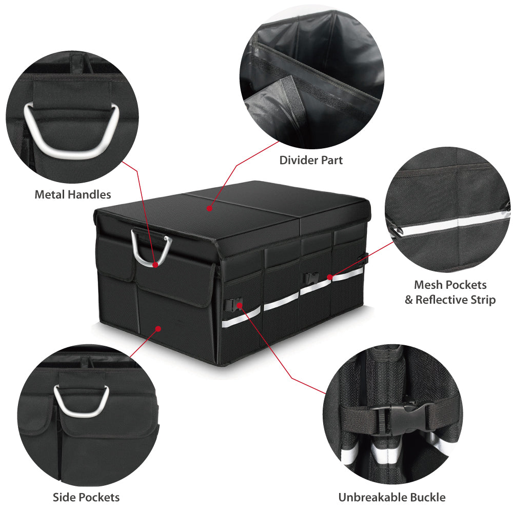 Collapsible Reflective Stripe Expandable Large Capacity Waterproof Car Trunk Organizer With Cover - Delicate Leather