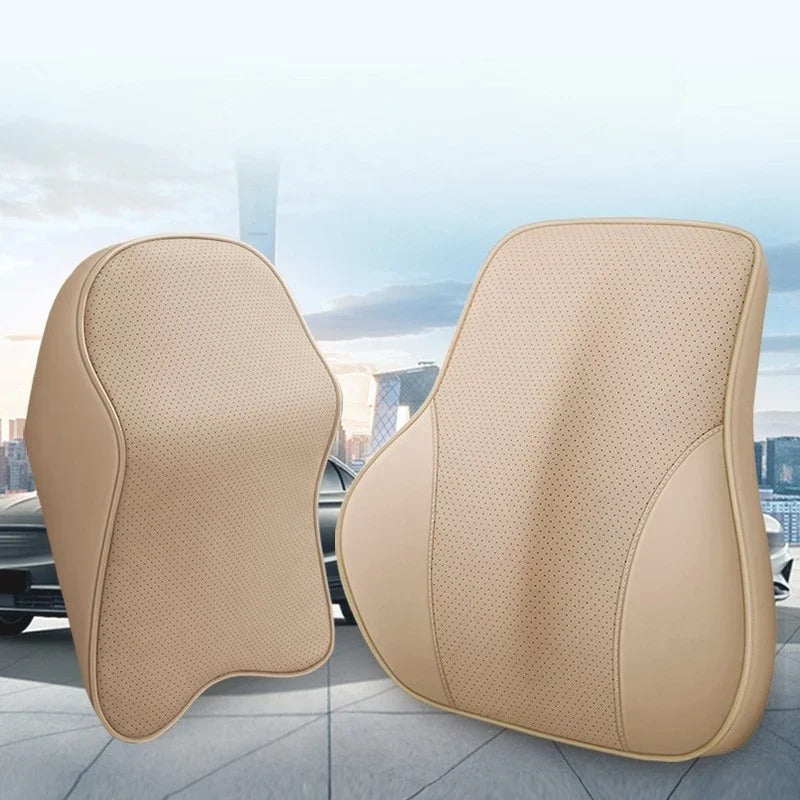 3D Nappa PU Leather Memory Foam Car Headrest & Lumbar Support Cushion - Delicate Leather