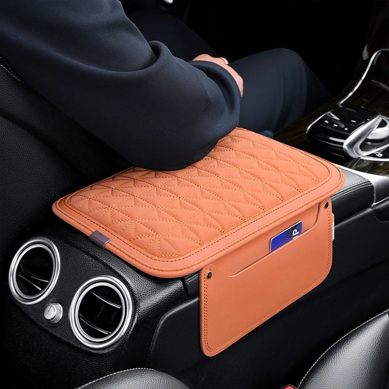 PU Leather Car Armrest Pad with Memory Foam – Universal Center Console Cushion and Storage Pocket Protector - Delicate Leather