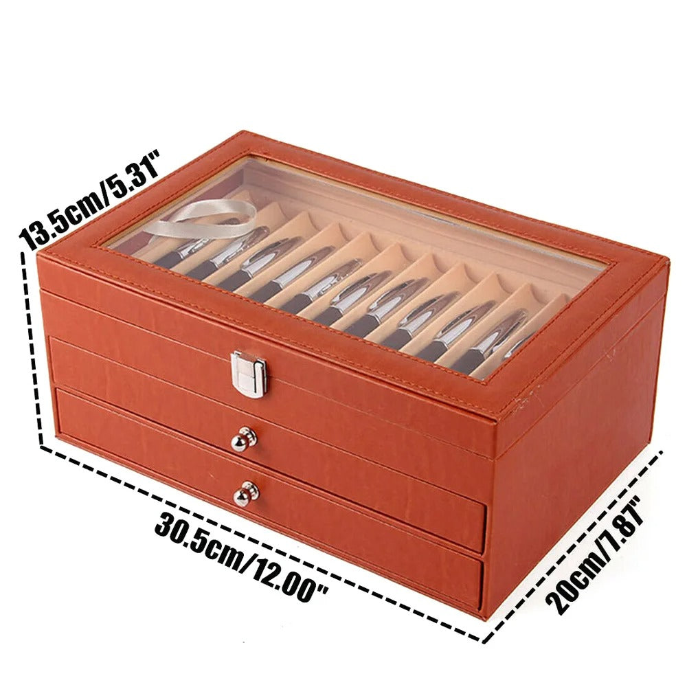 Fountain Pen Display Case 36 Slot Holder Leather Storage Collector Organizer Box - Delicate Leather