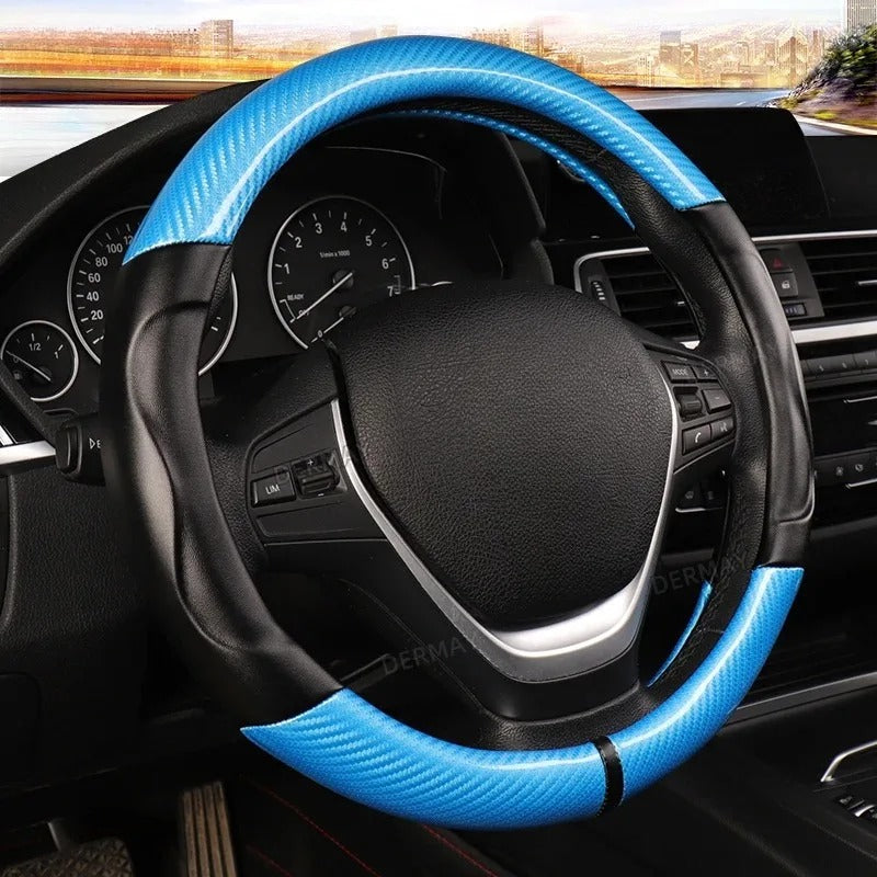 Carbon Fiber Steering Wheel Cover – Anti-Slip Universal 38cm O & D Shape Fit - Delicate Leather