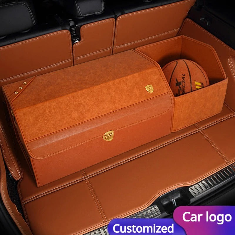 Stylish Leather Trunk Organizer – Custom Emblem, Foldable Storage for Car