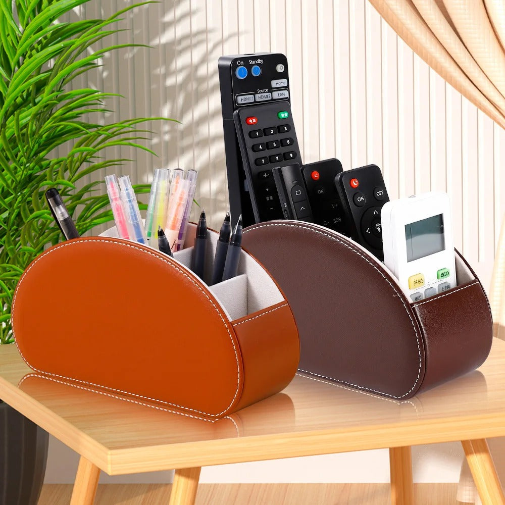 Desktop PU Leather Organizer Remote Control Phone and TV Holder Desk Storage Box Cosmetic Brush Storage Holder - Delicate Leather